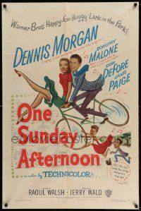 3j647 ONE SUNDAY AFTERNOON 1sh '49 wacky artwork of Dennis Morgan & Dorothy Malone on bike!