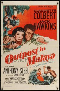 3j653 OUTPOST IN MALAYA 1sh '52 Claudette Colbert, Jack Hawkins, today's BIG adventure story!