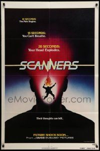 3j748 SCANNERS teaser 1sh '81 David Cronenberg, in 20 seconds your head explodes, sci-fi horror!