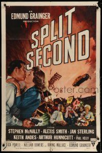 3j809 SPLIT SECOND style A 1sh '53 art of Stephen McNally kissing Alexis Smith, Dick Powell noir!