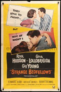 3j830 STRANGE BEDFELLOWS 1sh '65 Gina Lollobrigida & Rock Hudson love to fight, but not at night!
