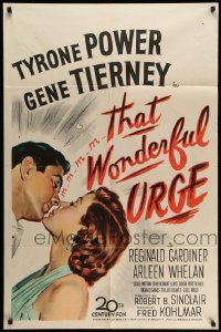 3j872 THAT WONDERFUL URGE 1sh '49 artwork of Tyrone Power about to kiss sexy Gene Tierney!