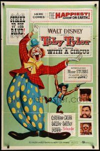 3j896 TOBY TYLER 1sh '60 Walt Disney, art of wacky circus clown, Mister Stubbs w/revolver!