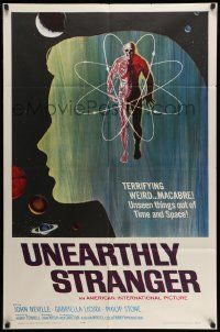 3j930 UNEARTHLY STRANGER 1sh '64 cool art of weird macabre unseen thing out of time & space!