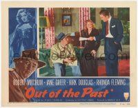 3k852 OUT OF THE PAST LC #4 R53 Kirk Douglas hands papers to Robert Mitchum & Jane Greer!