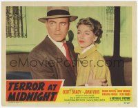3k945 TERROR AT MIDNIGHT LC #5 '56 great close up of Scott Brady & Joan Vohs, film noir!