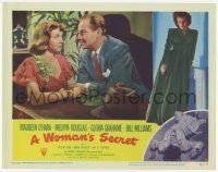 3k995 WOMAN'S SECRET LC #6 '49 Melvyn Douglas holds Gloria Grahame's hand & stares at her in booth