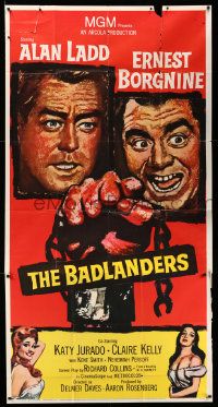 3p273 BADLANDERS 3sh '58 cool art of Alan Ladd, Ernest Borgnine and shackled fist holding chain!