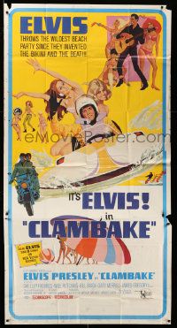 3p292 CLAMBAKE 3sh '67 McGinnis art of Elvis Presley in speed boat with sexy babes, rock & roll!