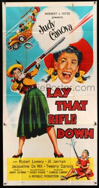 3p366 LAY THAT RIFLE DOWN 3sh '55 great wacky artwork of hillbilly Judy Canova firing big gun!
