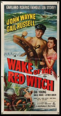 3p477 WAKE OF THE RED WITCH 3sh R52 art of barechested John Wayne & Gail Russell at sea!