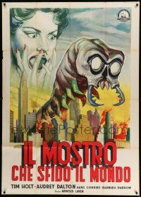 3p714 MONSTER THAT CHALLENGED THE WORLD Italian 1p '58 different Vittorio art of city destroyed!