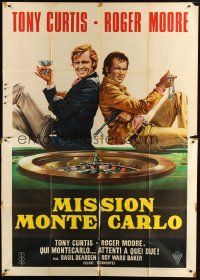 3p240 MISSION MONTE CARLO Italian 2p '74 Casaro art of Roger Moore & Tony Curtis by roulette wheel!