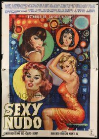 3p248 SEXY NUDO Italian 2p '63 great Mos artwork of four sexy strippers over colorful background!
