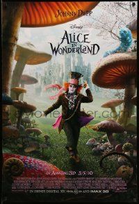 3r065 ALICE IN WONDERLAND advance DS 1sh '10 Johnny Depp as the Mad Hatter surrounded by mushrooms