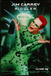 3r185 BATMAN FOREVER advance DS 1sh '95 cool image of wacky, evil Jim Carrey as The Riddler!