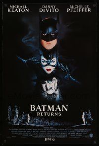 3r189 BATMAN RETURNS int'l advance DS 1sh '92 Burton, Keaton, cool white date design!
