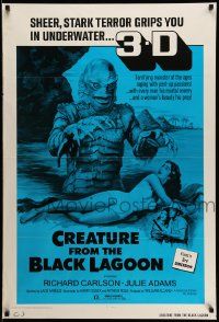 3r390 CREATURE FROM THE BLACK LAGOON 1sh R72 great art of monster attacking sexy Julie Adams, 3-D!