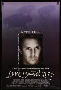 3r408 DANCES WITH WOLVES DS 1sh '90 close portrait of Kevin Costner & running buffalo!