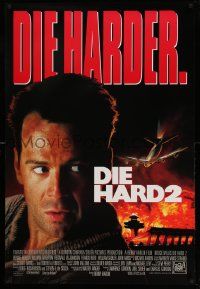 3r479 DIE HARD 2 int'l DS 1sh '90 tough guy Bruce Willis, image of airplane and fire over airport!