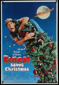 3r556 ERNEST SAVES CHRISTMAS 1sh '88 great image of Jim Varney falling off Christmas tree!