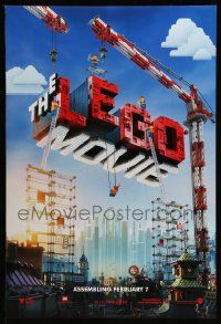 3s071 LEGO MOVIE teaser DS 1sh '14 cool image of title assembled w/cranes & plastic blocks!
