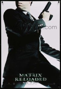 3s174 MATRIX RELOADED teaser DS 1sh '03 great image of Hugo Weaving as Agent Smith with gun!
