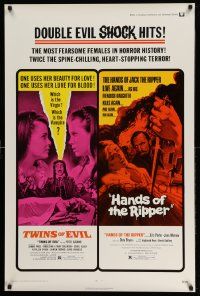 3s856 TWINS OF EVIL/HANDS OF THE RIPPER 1sh '72 fearsome females, Hammer horror double-feature!