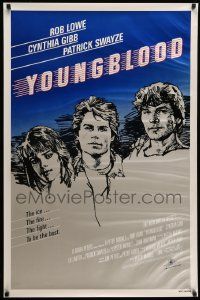 3s989 YOUNGBLOOD 1sh '86 artwork of Rob Lowe, Patrick Swayze & Cynthia Gibb, ice hockey!