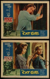 3t058 CAT GIRL 8 LCs '57 human feline Barbara Shelley, cool border art of huge cat, English horror!