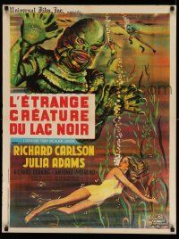 3x447 CREATURE FROM THE BLACK LAGOON French 24x31 R62 art of monster looming over Julia Adams!