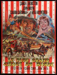 3y700 CIRCUS WORLD French 1p '65 best art of Claudia Cardinale & John Wayne by Jean Mascii!
