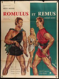 3y727 DUEL OF THE TITANS French 1p R64 David art of Steve Reeves & Gordon Scott as Romulus & Remus!