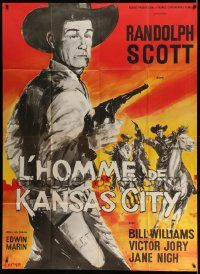 3y746 FIGHTING MAN OF THE PLAINS French 1p R67 different art of Randolph Scott w/ gun by Metayer!