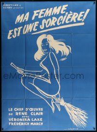 3y786 I MARRIED A WITCH blue French 1p R60s different art of sexy Veronica Lake flying on broom!