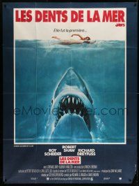3y799 JAWS French 1p '75 art of Steven Spielberg classic man-eating shark attacking sexy swimmer!