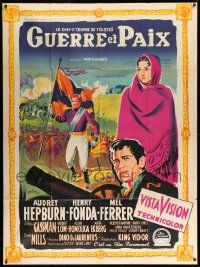 3y988 WAR & PEACE style B French 1p '56 different art of Hepburn, Fonda & Ferrer by Grinsson!