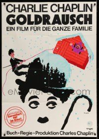 3y409 GOLD RUSH German 33x47 R69 Charlie Chaplin classic, wonderful art by Leo Kouper!