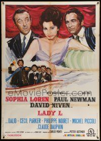 3y266 LADY L Italian 1p '66 different art of sexy Sophia Loren between Paul Newman & David Niven!