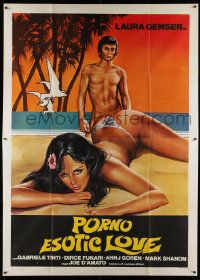 3y190 PORNO EXOTIC LOVE Italian 2p '80 art of naked man staring at sexy Laura Gemser on the beach!
