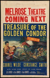3y134 TREASURE OF THE GOLDEN CONDOR WC '53 art of Cornel Wilde grabbing girl & attacked by snake!