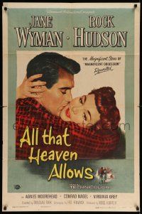 3z026 ALL THAT HEAVEN ALLOWS 1sh '55 close up romantic art of Rock Hudson kissing Jane Wyman!