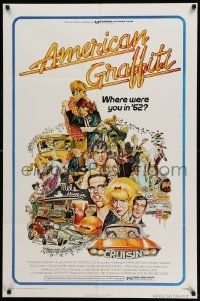 3z032 AMERICAN GRAFFITI 1sh '73 George Lucas teen classic, great wacky artwork of cast!