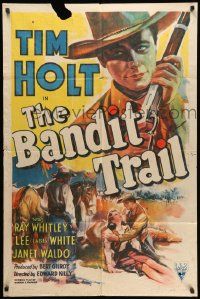 3z056 BANDIT TRAIL style A 1sh '41 cool close up art of Tim Holt with rifle + helping pretty girl!