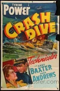 3z194 CRASH DIVE 1sh '43 stone litho of Tyrone Power & Anne Baxter + burning submarine!