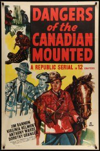 3z202 DANGERS OF THE CANADIAN MOUNTED 1sh '48 Republic serial, cool artwork of Mounties!