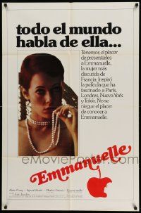 3z249 EMMANUELLE Spanish/U.S. export 1sh '75 close up of sexy Sylvia Kristel, cool different art of apple