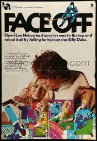 3z267 FACE OFF 1sh '71 Canadian ice hockey and rock & roll, cool art!