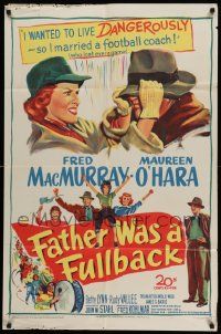 3z274 FATHER WAS A FULLBACK 1sh '49 art of Fred MacMurray & pretty Maureen O'Hara, football!