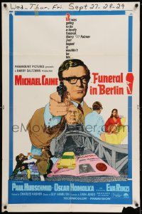 3z312 FUNERAL IN BERLIN 1sh '67 cool art of Michael Caine pointing gun, directed by Guy Hamilton!
